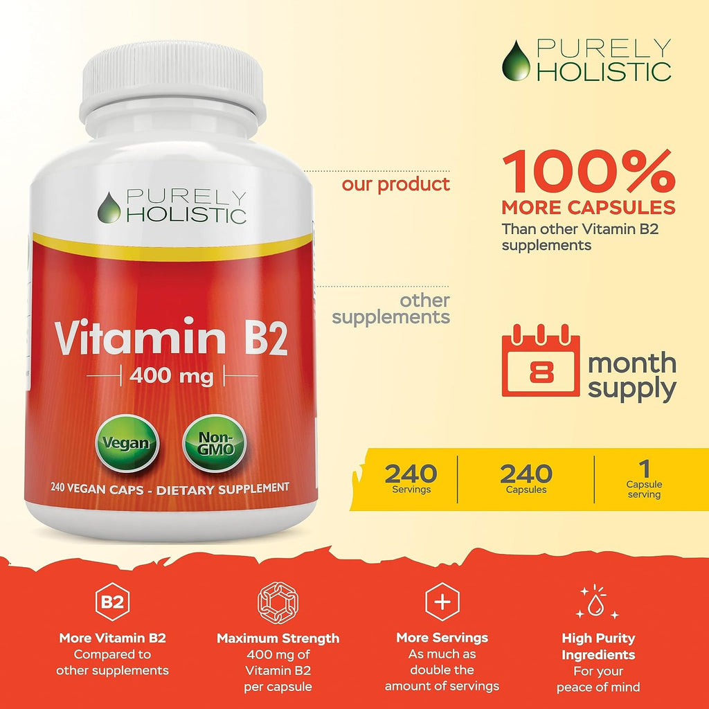 Purely Holistic Vitamina B2 Riboflavina 400mg - 240 Cápsulas Veganas, Suministro para 8 Meses - Alta Potencia - No OGM y Sin Gluten - Apoya la Producción de Energía y la Salud Celular