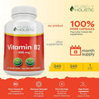 Purely Holistic Vitamina B2 Riboflavina 400mg - 240 Cápsulas Veganas, Suministro para 8 Meses - Alta Potencia - No OGM y Sin Gluten - Apoya la Producción de Energía y la Salud Celular