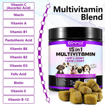 Masticables Multivitamínicos 15 en 1 para Perros con Glucosamina y Probióticos – 150 unidades