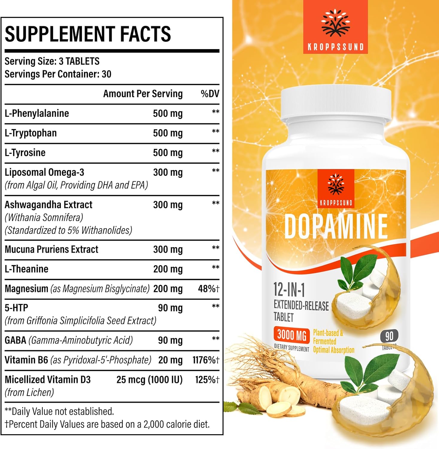 Kroppssund Suplemento de Dopamina con L-Teanina y Ashwagandha, Fórmula de Liberación Prolongada 12 en 1, 3000 mg por Dosis, 90 Comprimidos