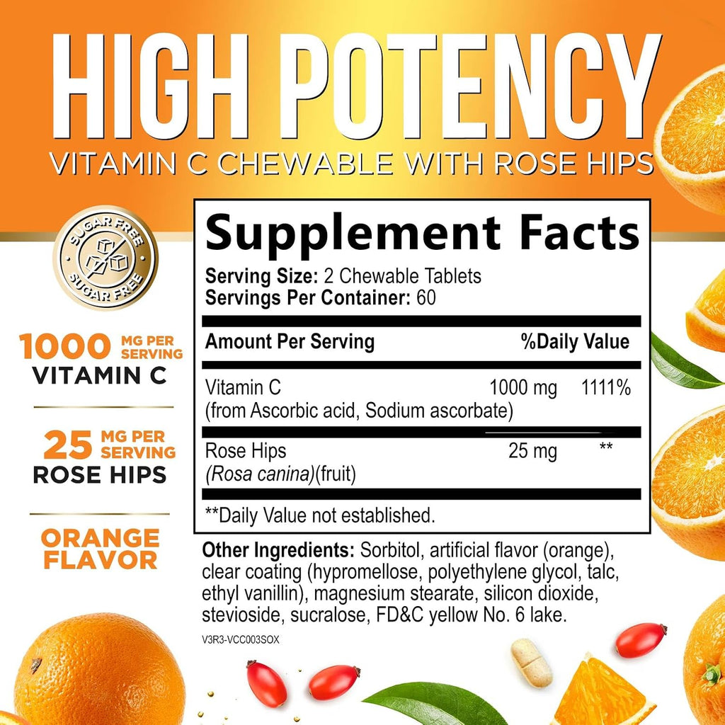 Nature's Peak Vitamina C 1000 mg con Rosa Mosqueta - 120 Comprimidos Masticables Sabor Naranja - Sin Azúcar