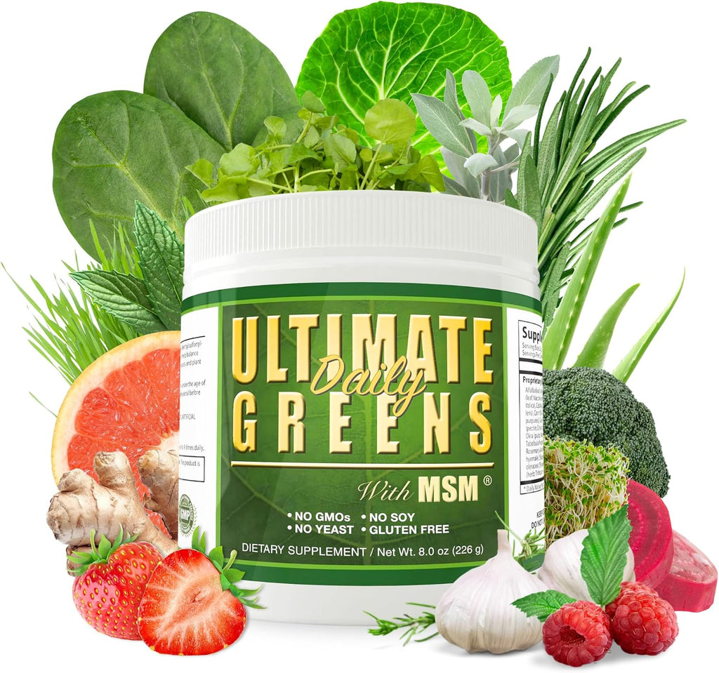Ultimate Greens con MSM en Polvo - Superalimento Verde Vegano, 6 Paquetes (6 Meses de Suministro)