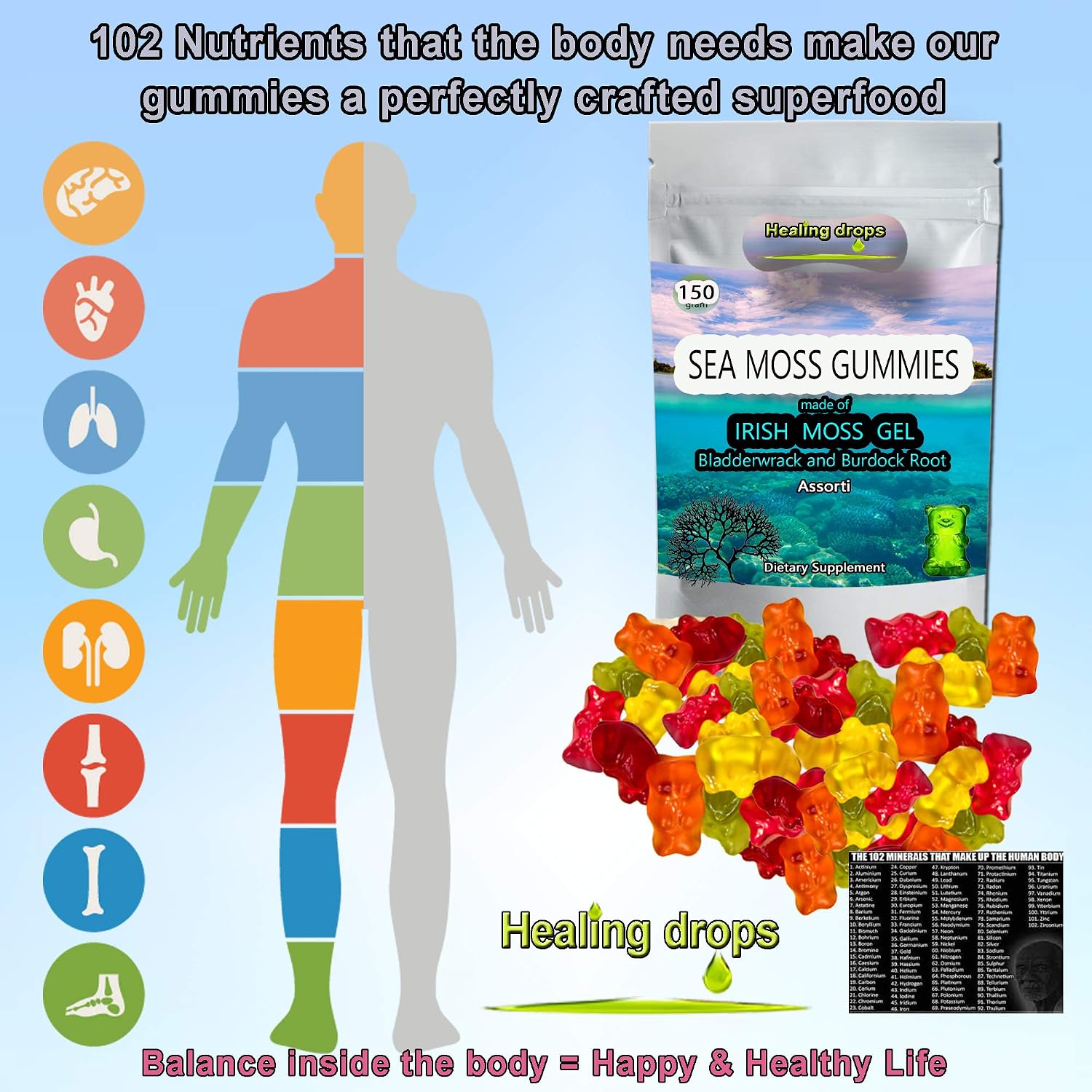 Sea Moss Gummies - Irish Sea Moss con Bladderwrack y Burdock Root | Vegano y Orgánico
