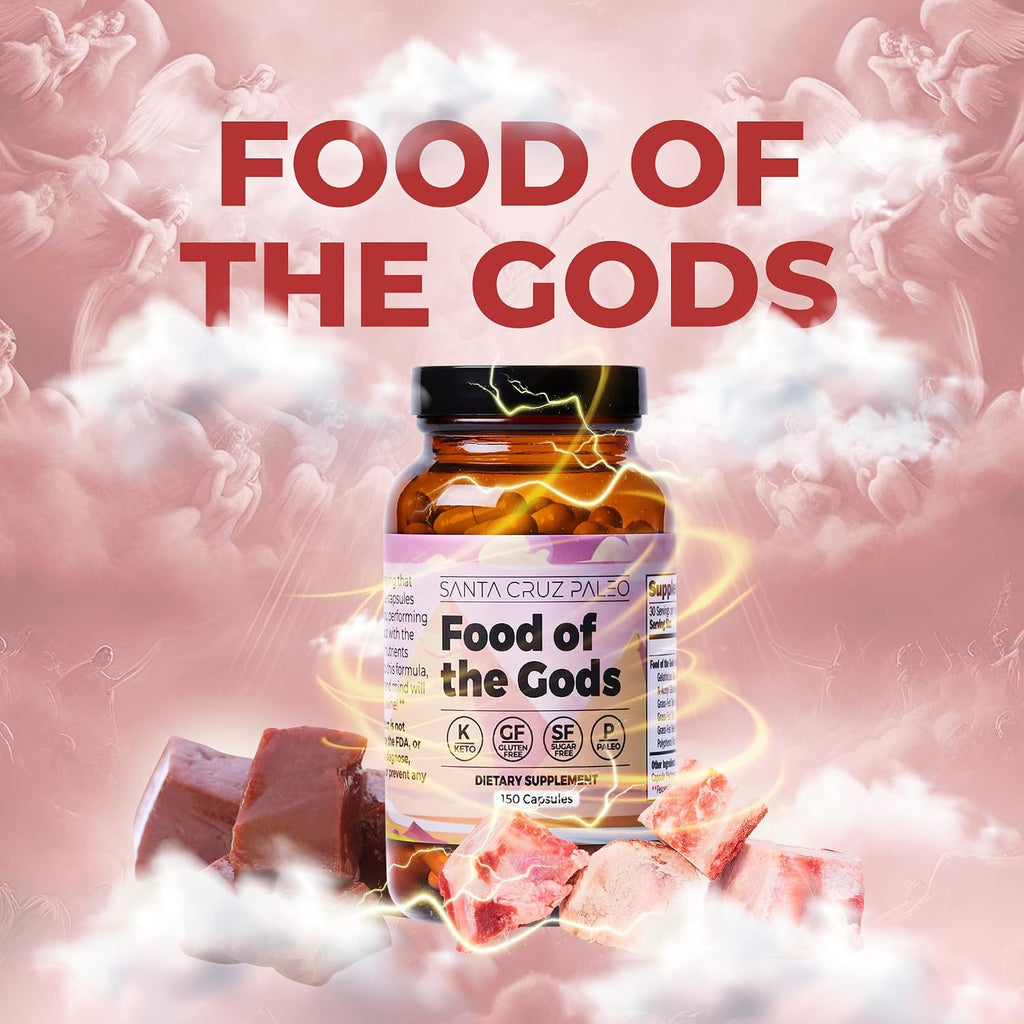 Santa Cruz Paleo, Food of the Gods Suplemento de Órganos de Vacuno Alimentado con Pasto para Hombres y Mujeres, con Colágeno, Maca, Colostro, Caldo de Huesos, Hierro, Vitamina B12, Sin Gluten, Keto, 30 Dosis