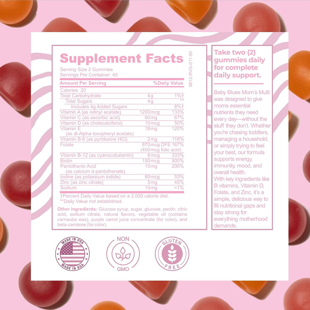 Baby Blues Multivitamínico para Mujeres – Gominolas Diarias con Biotina, B12, Folato, Vitamina D y Zinc – Sin Hierro – 90 Gominolas (45 Días)