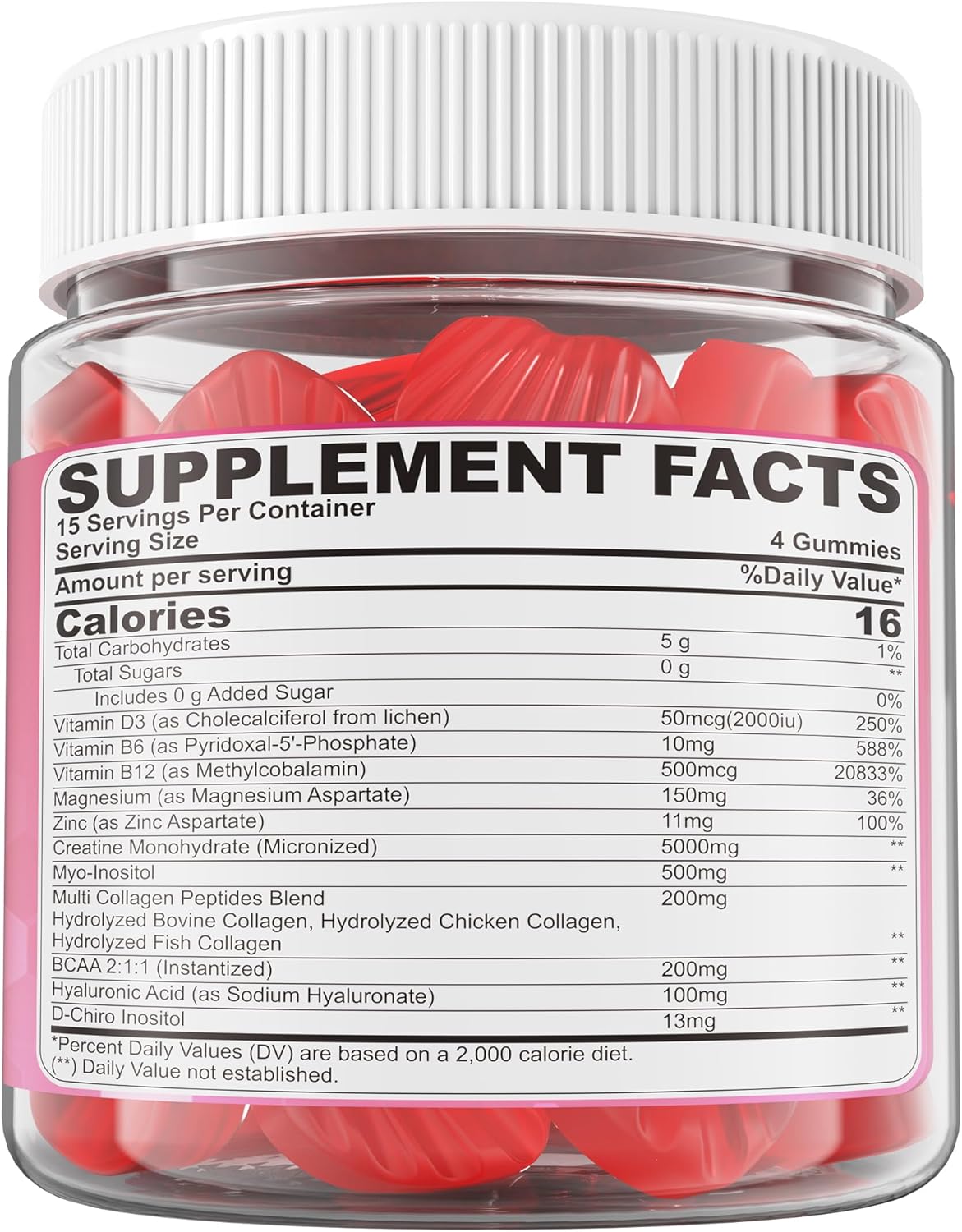 Gomitas de Creatina para Mujeres, Monohidrato de Creatina Micronizada + Mio-Inositol, Péptidos de Colágeno, BCAAs, Ácido Hialurónico, Vitamina B6 B12, Zinc para Energía, Enfoque y Equilibrio Hormonal, Sin Azúcar, 120 unidades