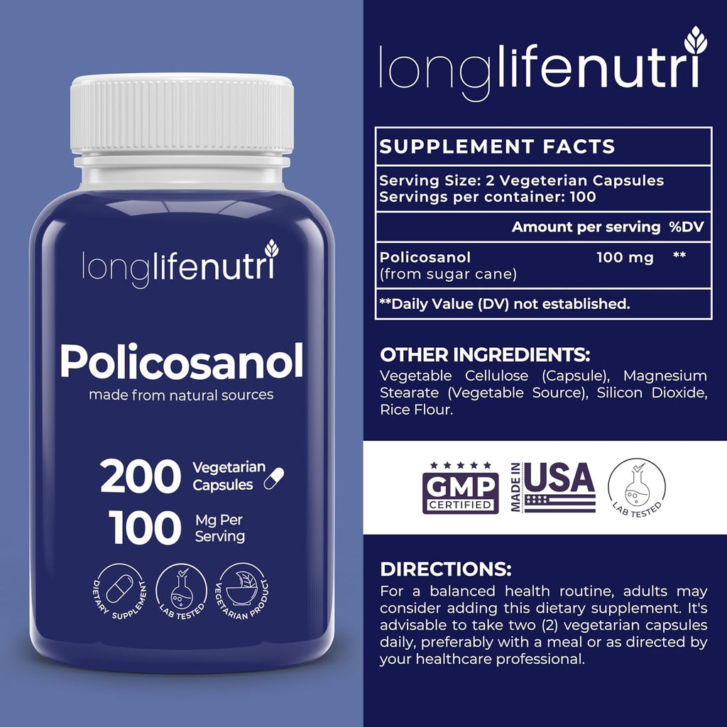 LongLifeNutri Policosanol 100mg - 200 Cápsulas Vegetarianas