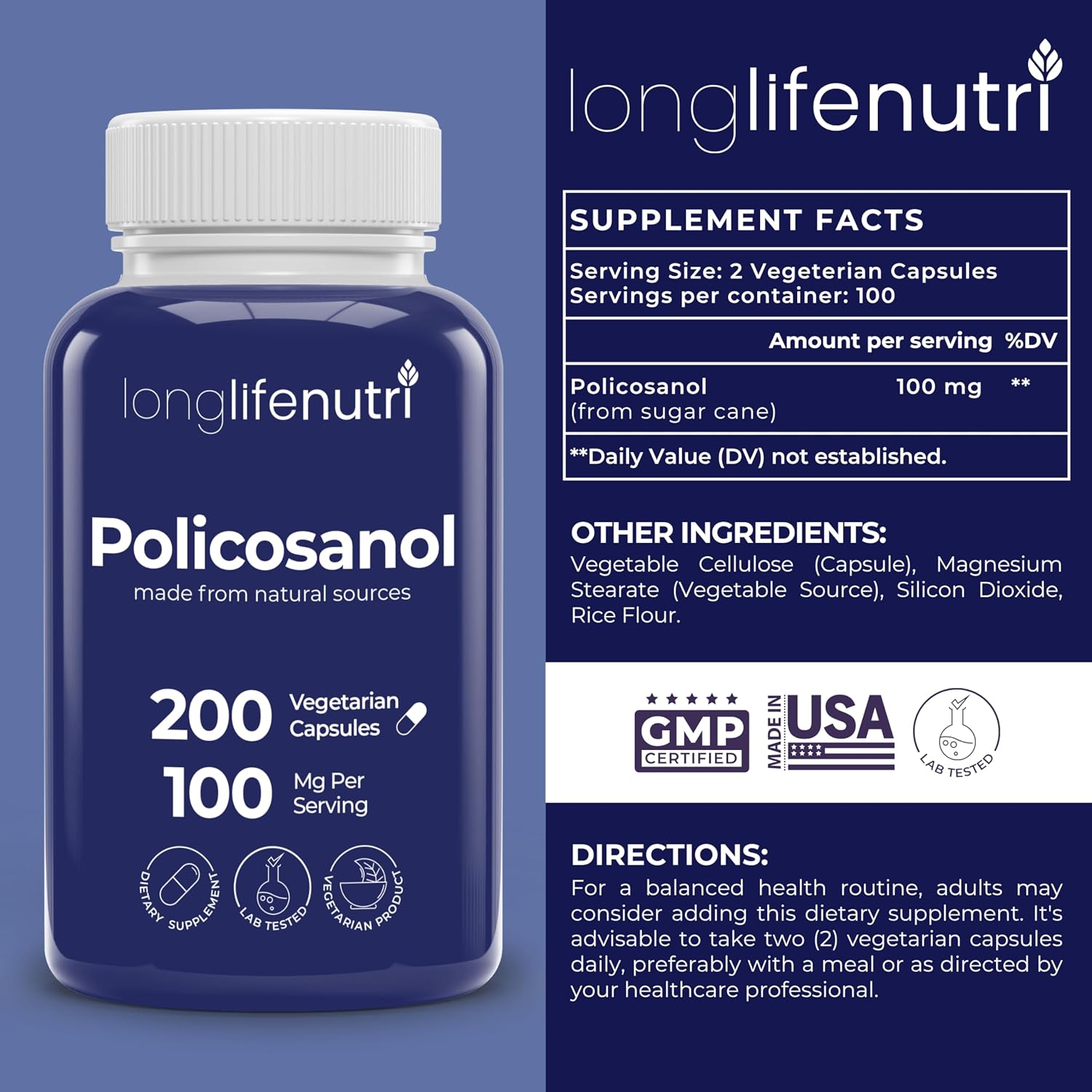 LongLifeNutri Policosanol 100mg - 200 Cápsulas Vegetarianas