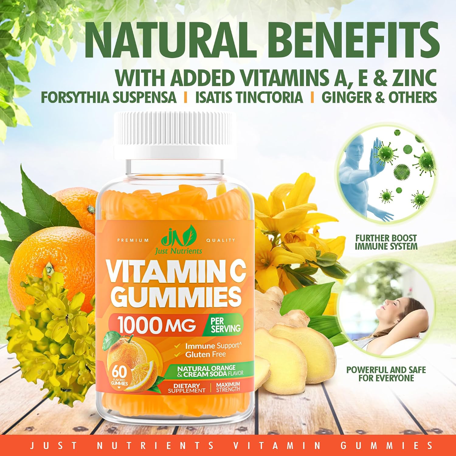 Vitamin C Gummies 1000mg – Multivitamínico masticable para adultos y niños con Zinc – Sabor naranja natural – Sin gluten, sin OGM, vegetariano – 60 gominolas