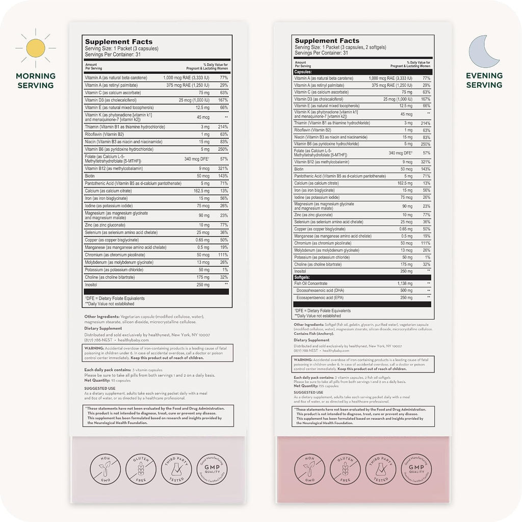 HealthyNest Vitaminas Prenatales para Preconcepción y Primer Trimestre con Metilfolato, Colina, DHA, Hierro e Inositol - 31 Días