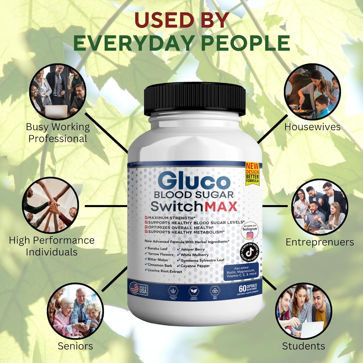 Gluco Blood Sugar Switch Max - Complejo Avanzado para el Mantenimiento de los Niveles de Glucosa, 60 Cápsulas
