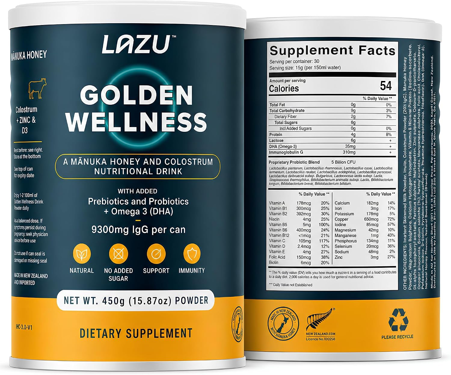Lazu Golden Wellness Colostro Bovino con Miel de Manuka, Probióticos y Omega-3 - 450g
