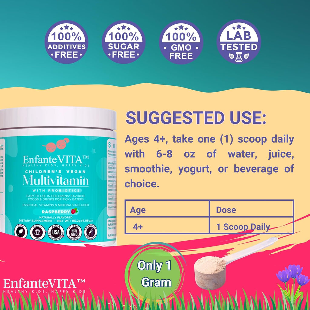 EnfanteVITA All in One Kids Vitamins - Multivitamínico Infantil en Polvo con Probióticos, 90 Días