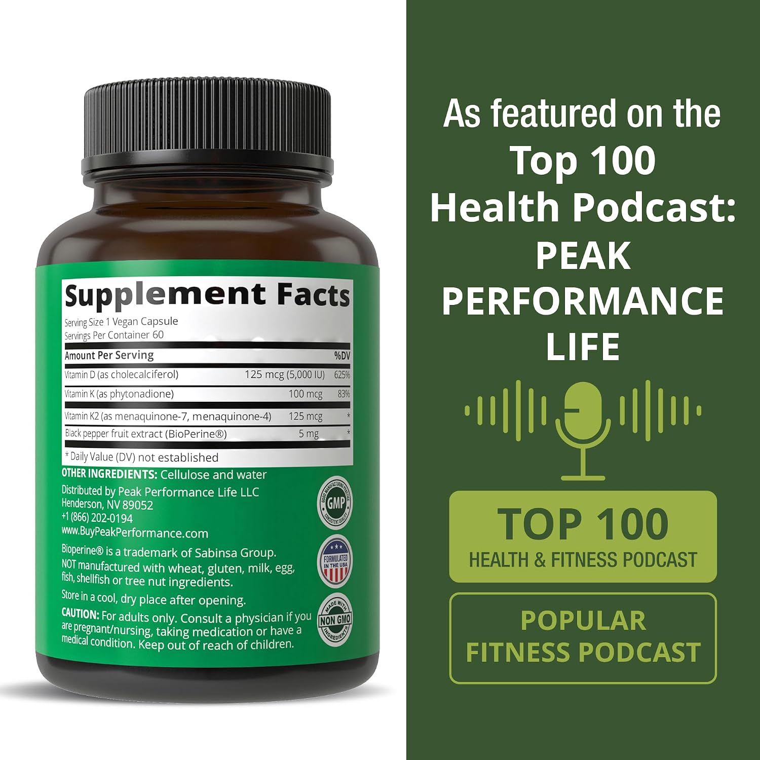 Peak Performance Advanced Vitamin D 5000 UI con todas las formas de vitamina K - 60 cápsulas