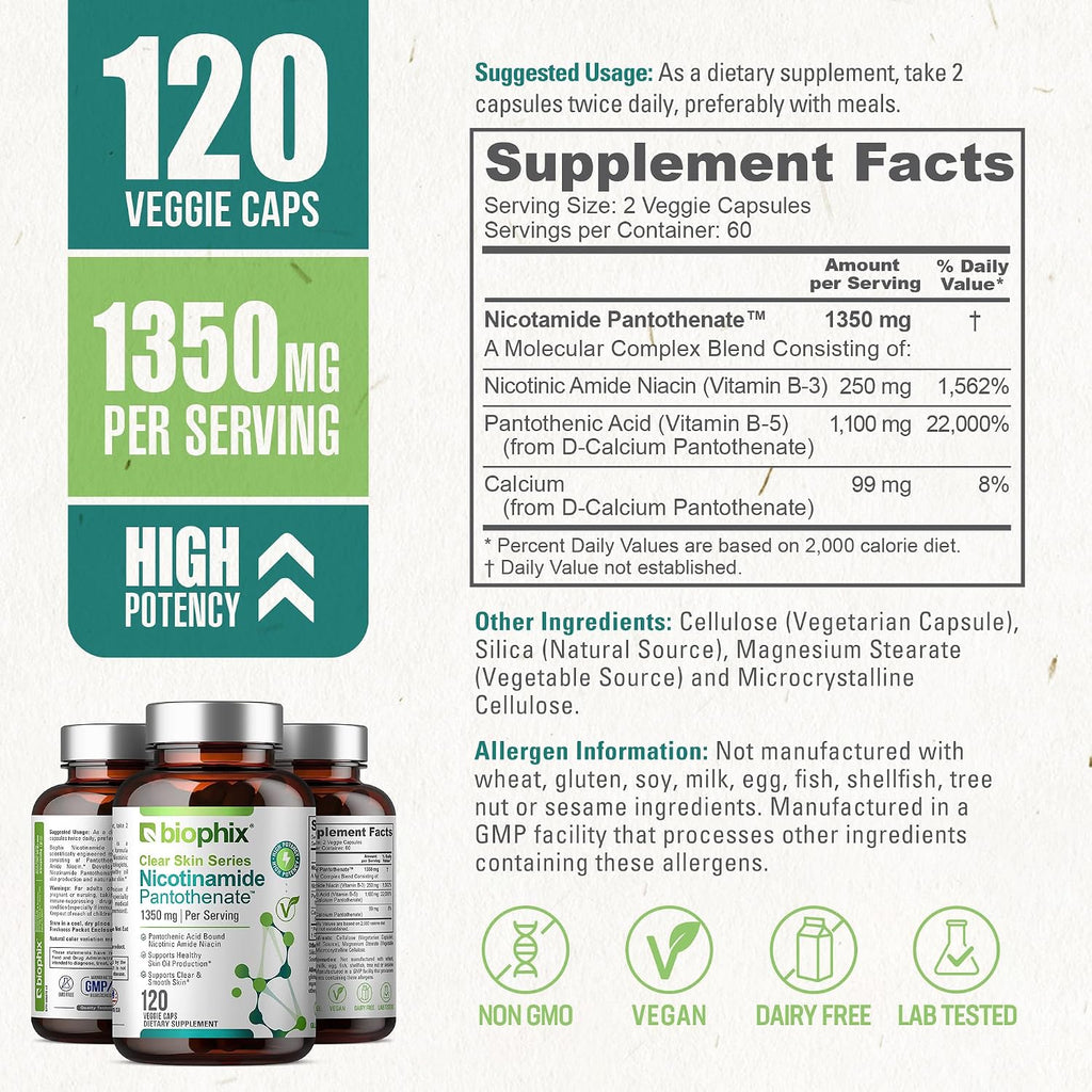 biophix B-3 Nicotinamida y Ácido Pantoténico 1350 mg 120 Cápsulas Vegetales - Clear Skin Series