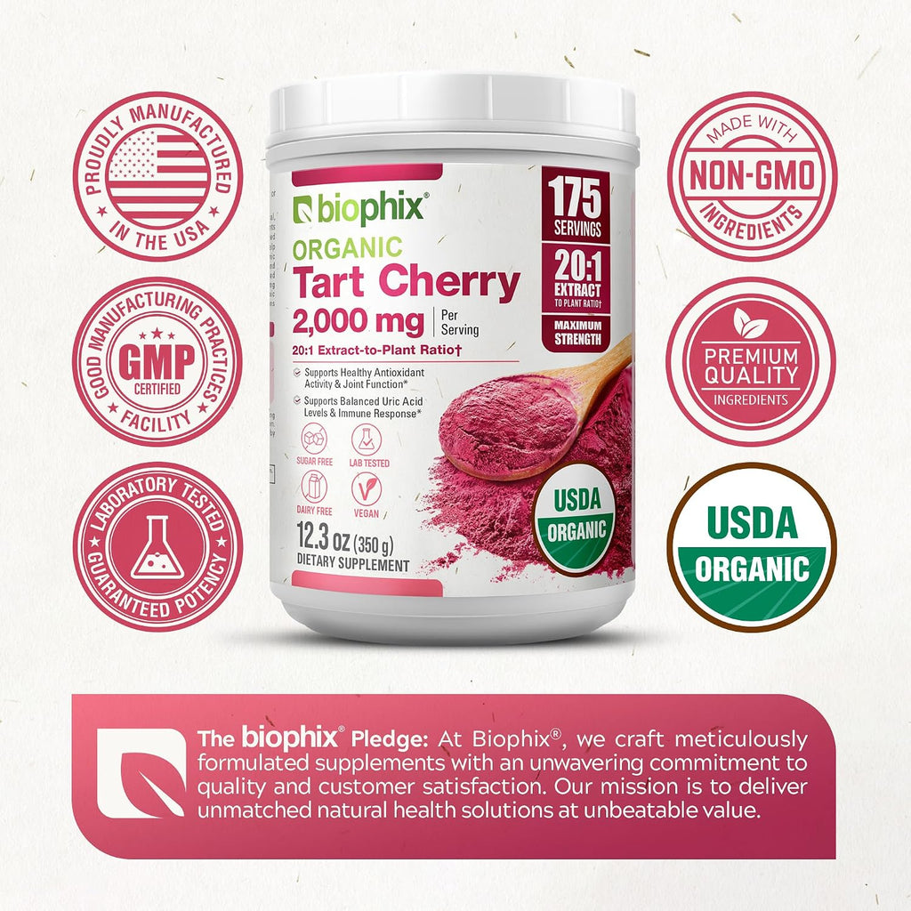 biophix Polvo de Cereza Ácida Orgánica Extracto 20:1 - 350 g (12.3 oz) - Superalimento Natural - Sin Azúcar Añadido - Vegano