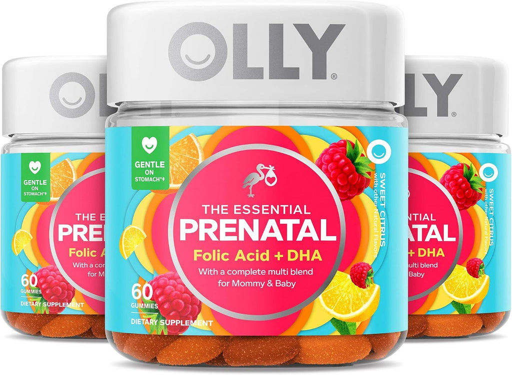 OLLY Vitaminas Prenatales en Gomitas, Ácido Fólico, DHA, Vitamina D, Pack de 3 (180 gomitas), Sabor Cítrico
