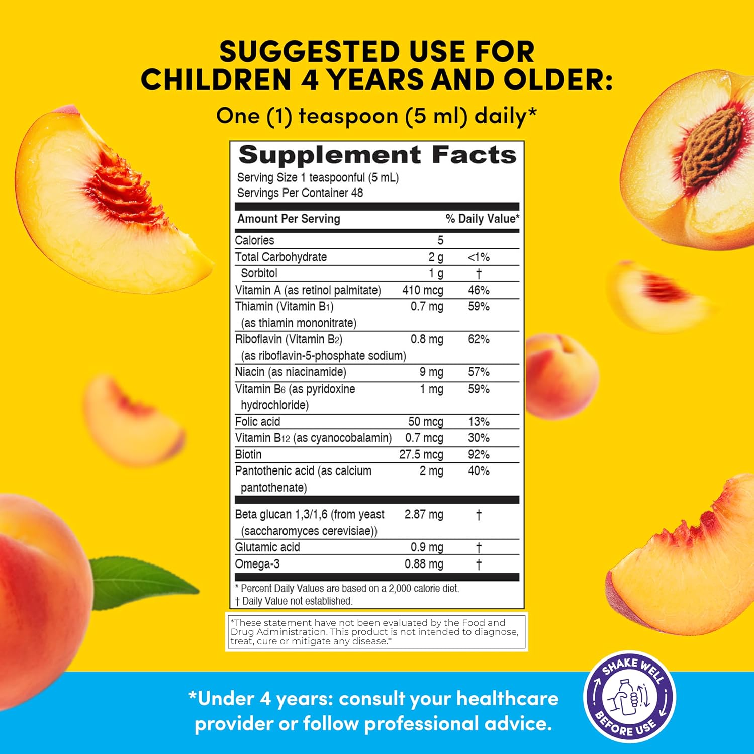 GirafKids Multivitamínico Líquido para Niños (237 ml) - con Biotina, Vitamina A, Complejo B, Ácido Fólico, Omega-3 y Beta Glucano