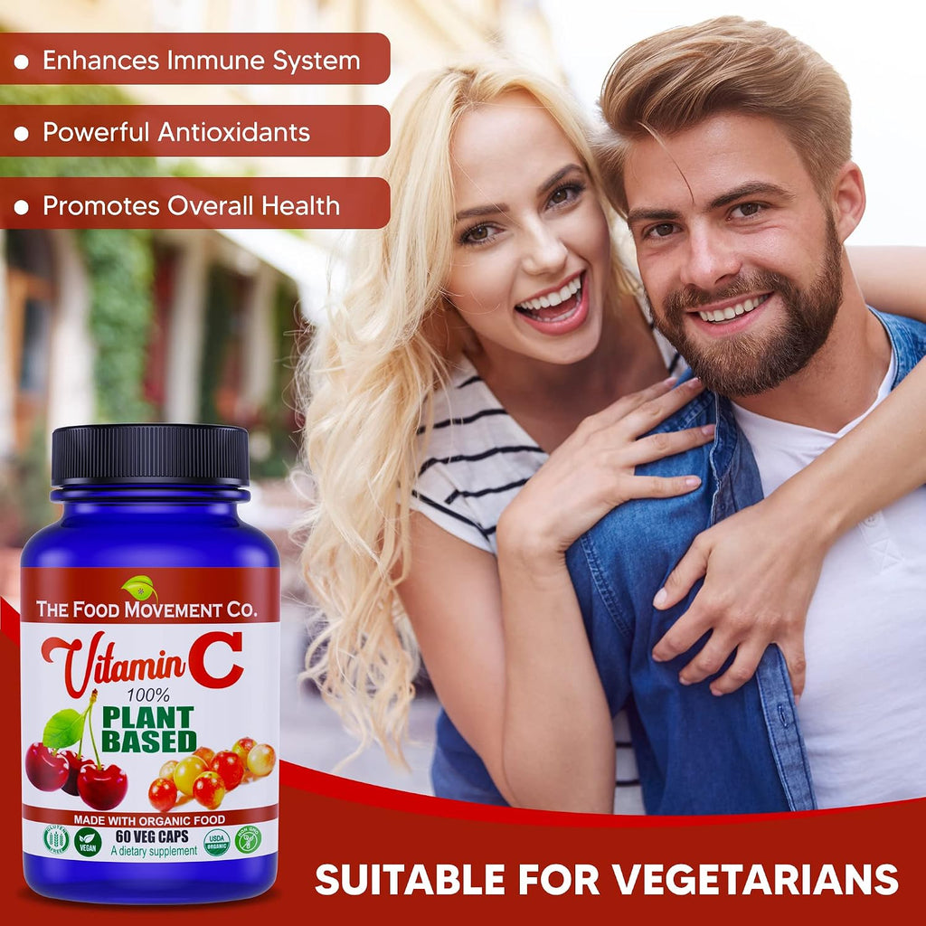 THE FOOD MOVEMENT CO. 100% Plant-Based Vitamin C - 125 mg, 60 Cápsulas - Suplemento Alimenticio Vegano y Orgánico