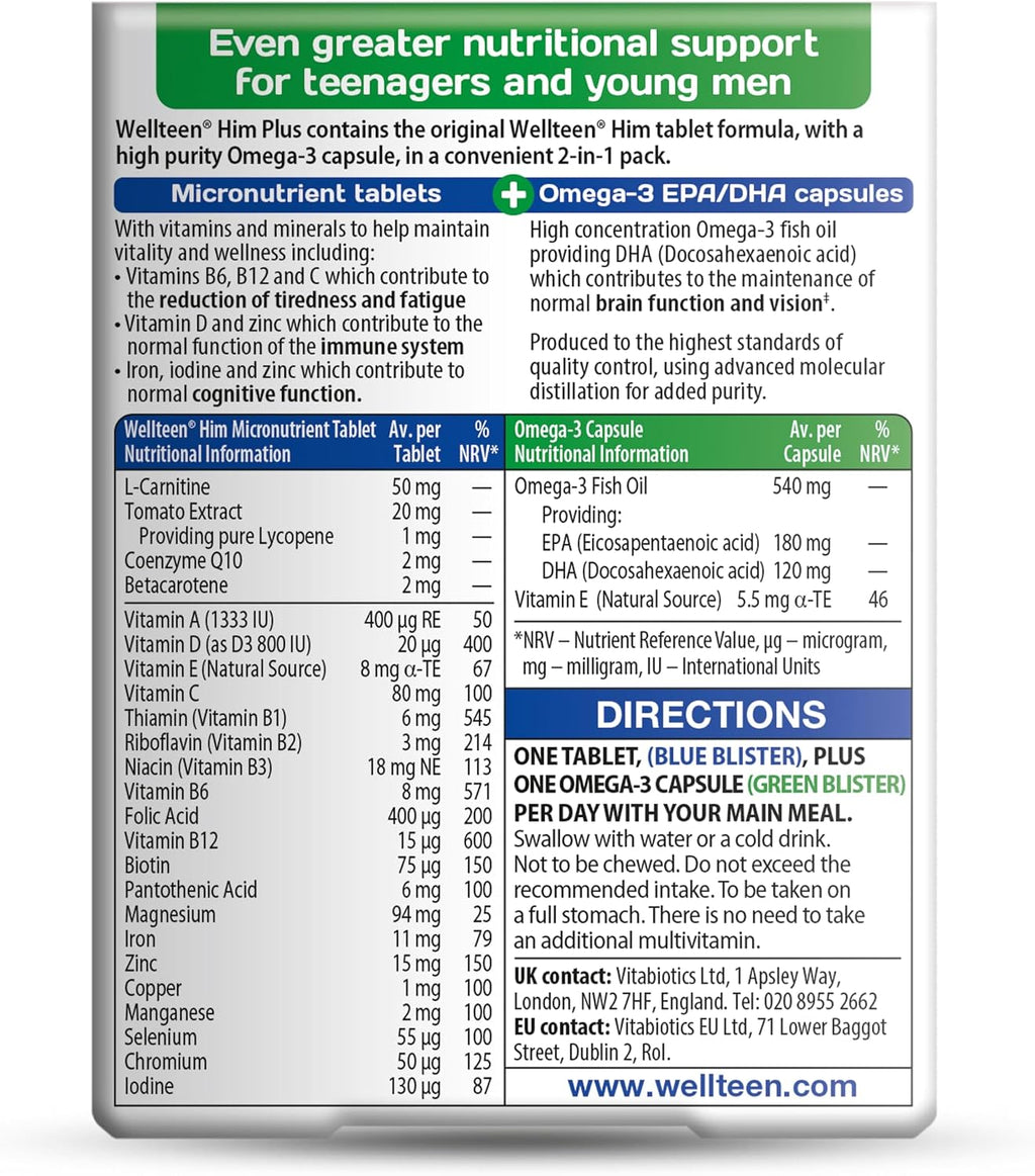 Vitabiotics Wellteen Him Plus Omega-3 - Multivitamínico para Adolescentes y Jóvenes (13-19 años) - 56 Comprimidos y Cápsulas