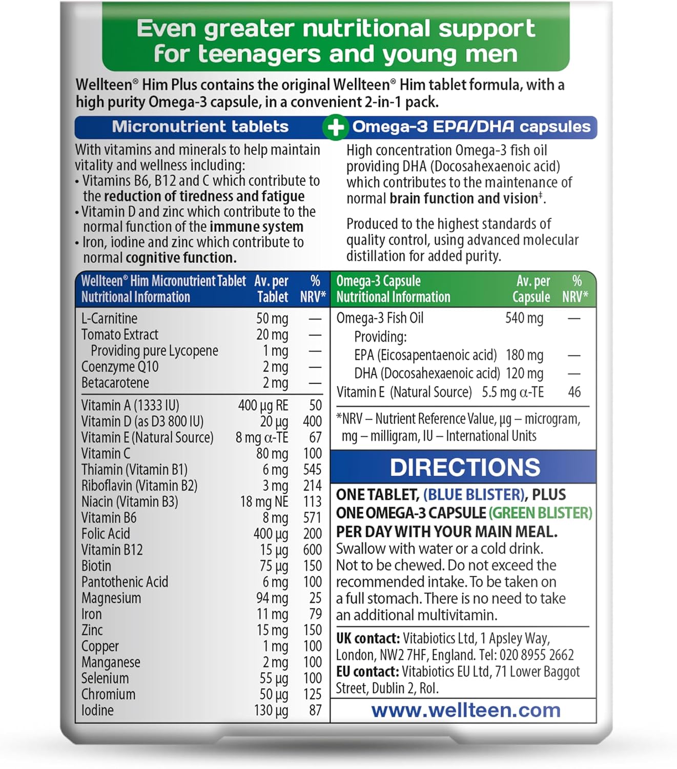 Vitabiotics Wellteen Him Plus Omega-3 - Multivitamínico para Adolescentes y Jóvenes (13-19 años) - 56 Comprimidos y Cápsulas