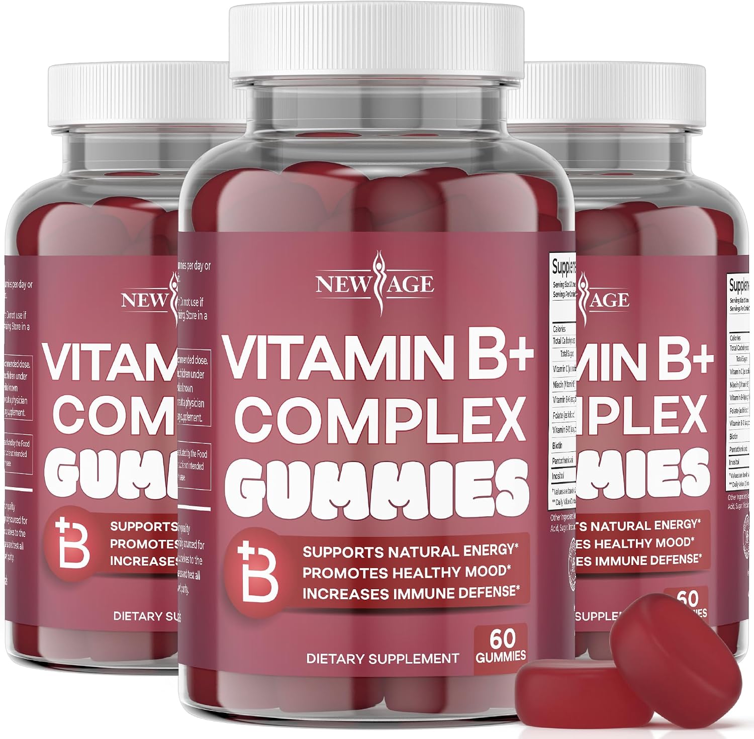 NEW AGE Gominolas de Complejo B con Vitaminas B3, B5, B6, B7, B9 y B12, Biotina, Ácido Fólico y Vitamina C – Sin Gluten, Vegano, 60 unidades