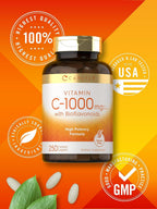 Carlyle Vitamina C 1000mg con Escaramujo y Bioflavonoides Cítricos | 250 Comprimidos Recubiertos | Vegetariano, No-GMO, Sin Gluten
