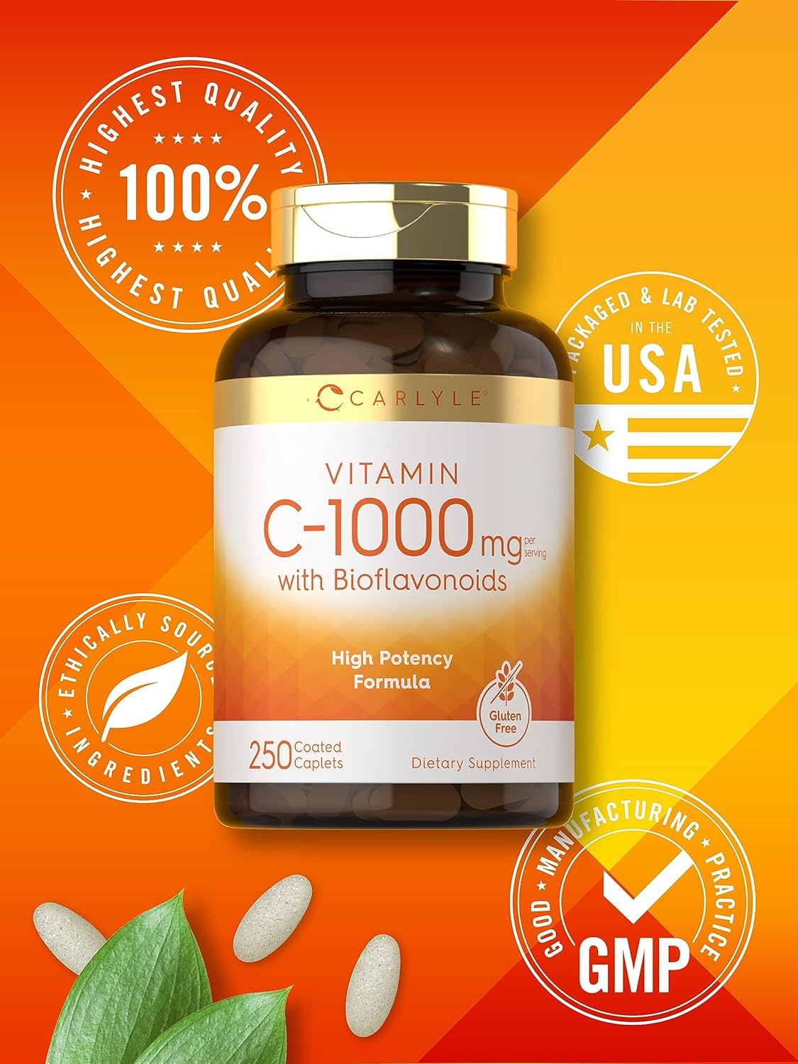 Carlyle Vitamina C 1000mg con Escaramujo y Bioflavonoides Cítricos | 250 Comprimidos Recubiertos | Vegetariano, No-GMO, Sin Gluten