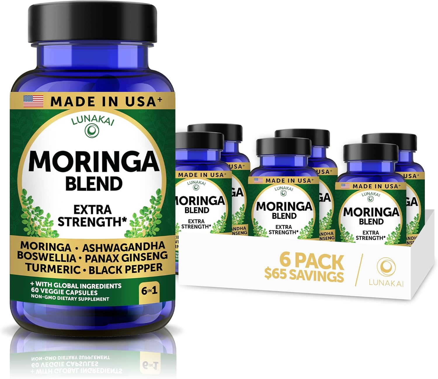 Lunakai Cápsulas de Moringa Pura – Extracto de Hoja de Moringa con Ashwagandha, Boswellia, Ginseng y Cúrcuma, 60 cápsulas