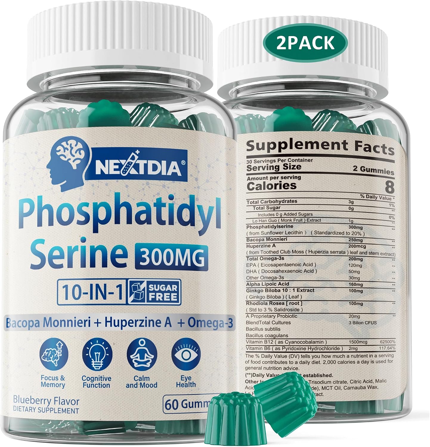 Fosfatidilserina - Gominolas Nootrópicas para Enfoque y Energía + Bacopa Monnieri, Omega 3, Huperzina A, Metil B12 y B6 para Mayores, Gamers y Trabajadores, No OGM, Sin Cafeína, Sin Azúcar, 2 Paquetes