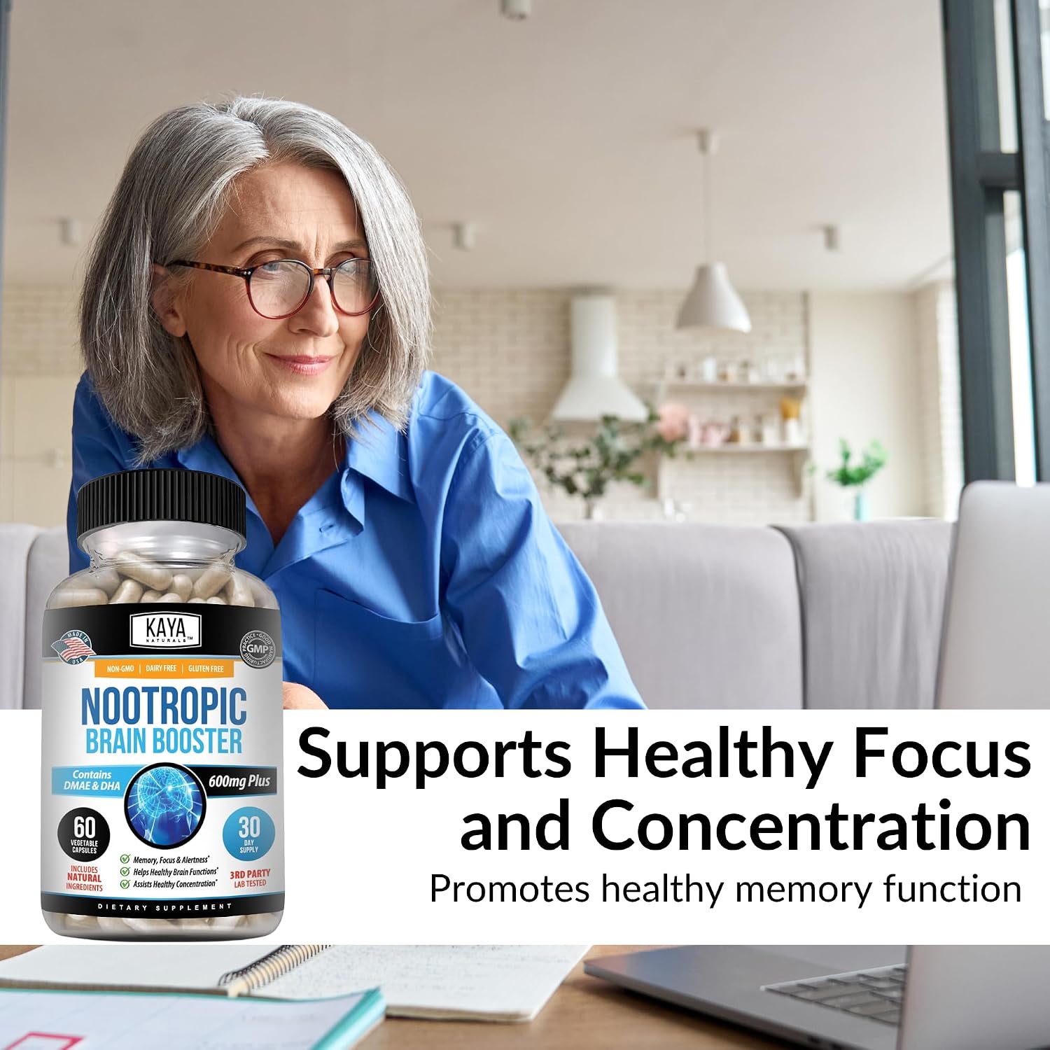 Kaya Naturals - Nootropic Brain Booster - Apoyo para Memoria y Concentración - 60 Cápsulas
