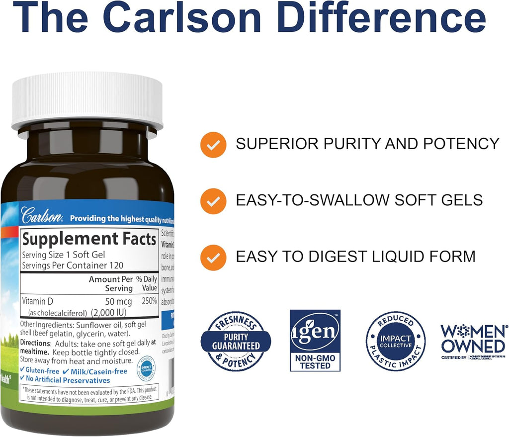 Carlson Vitamina D3 2000 UI, 120 Cápsulas Blandas