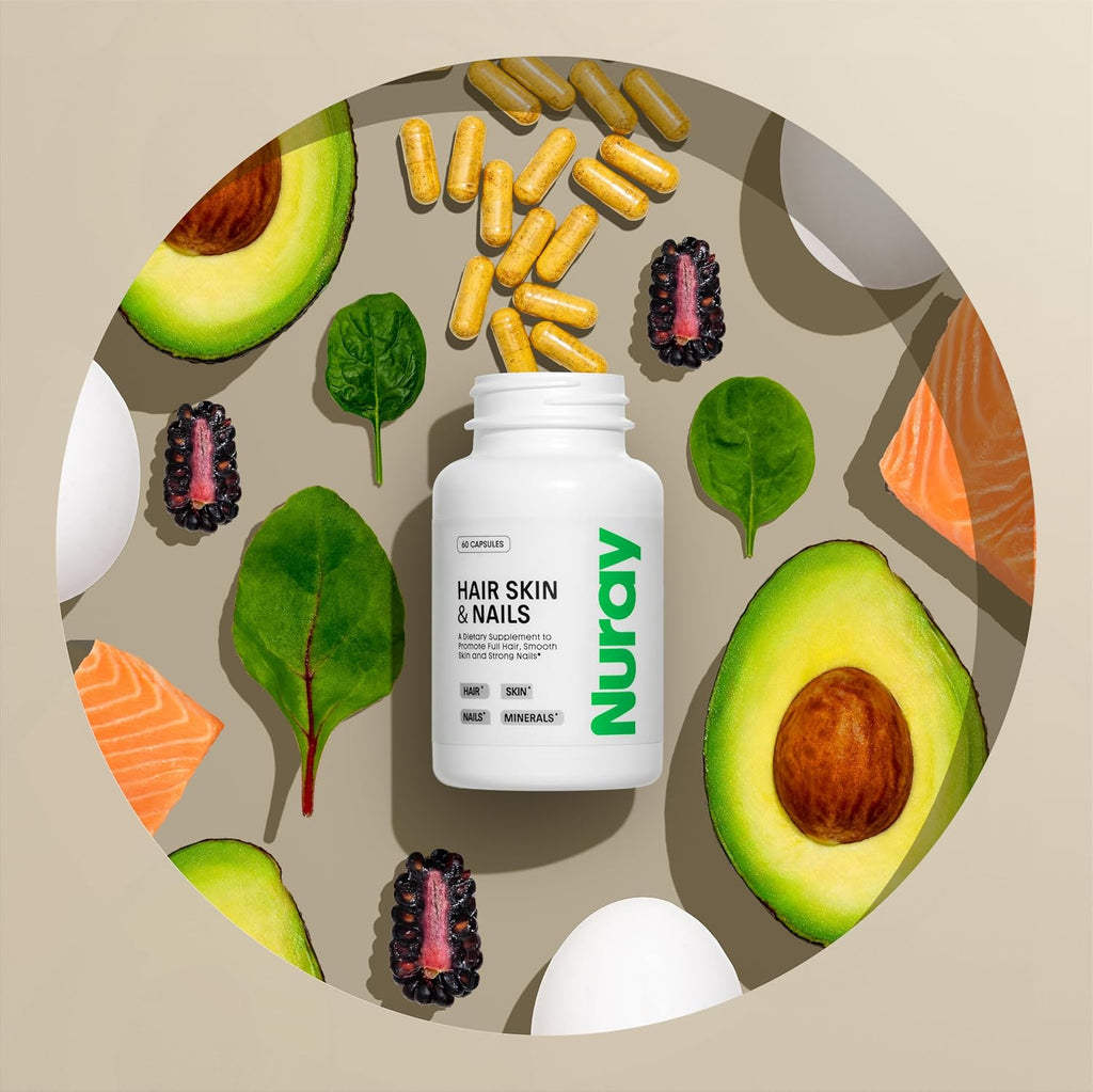 Nuray Vitaminas para Cabello, Piel y Uñas con Ácido Hialurónico, Biotina y Colágeno - Suplemento de Belleza con Vitamina B - 60 Cápsulas