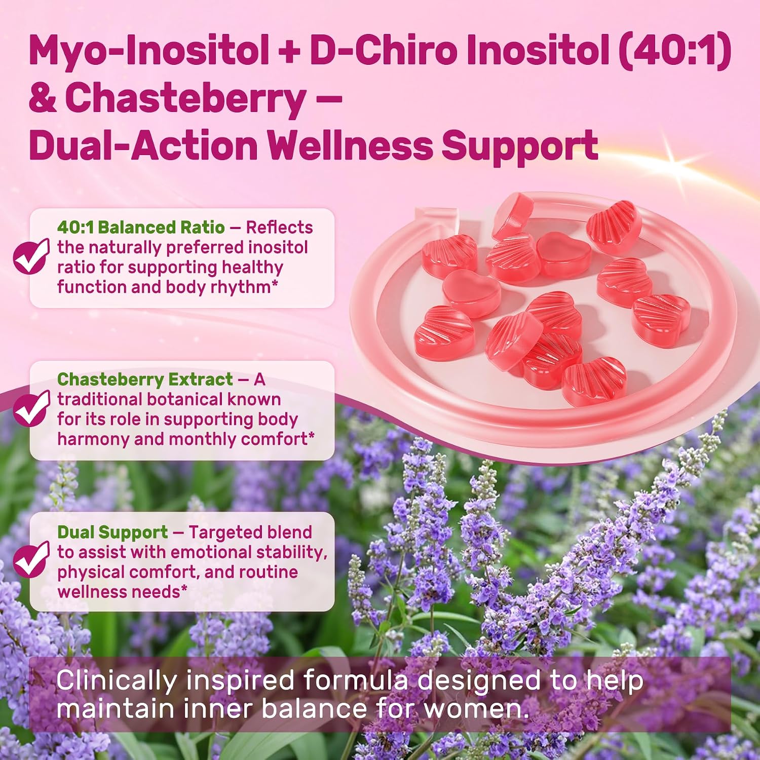 LILICARE Inositol Gummies para Mujeres - 2000mg Myo-Inositol + 50mg D-Chiro 40:1 con Chasteberry, Vitamina D3, Magnesio - Pack de 2 (120 Gominolas Veganas sin Azúcar)