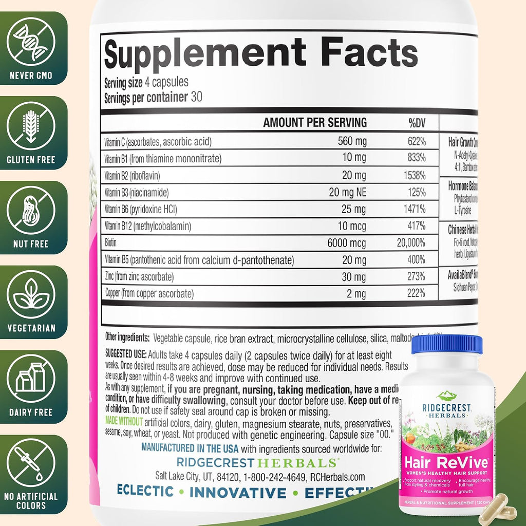 RidgeCrest Herbals Hair ReVive - Complemento Capilar con Biotina, Zinc y Cobre (120 Cápsulas, 30 Dosis)