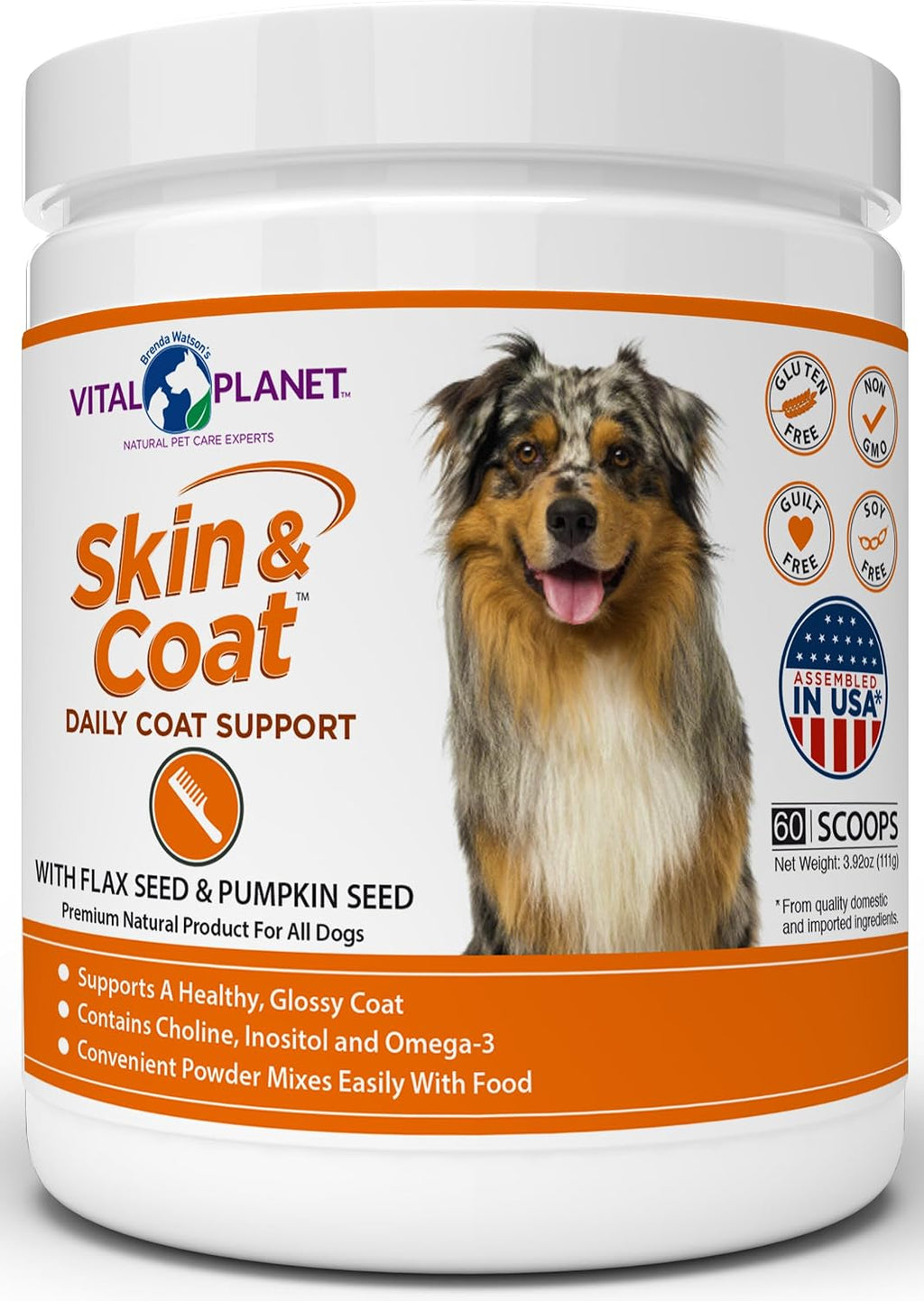 Vital Planet - Suplemento en Polvo para la Piel y el Pelaje de Perros con Colina, Inositol, Calabaza, Lino y Omega-3 - 60 dosis, 111g