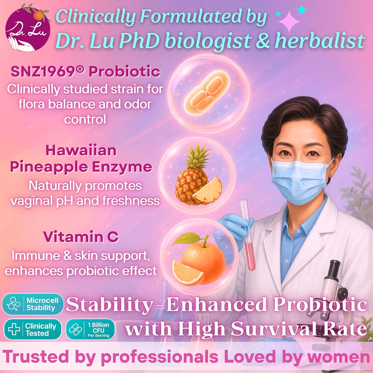 Dr. Lu Happy Girl Gominolas para el Equilibrio Femenino | Sabor a Piña con Probióticos | Sin Azúcar, Vegano - 60 Unidades