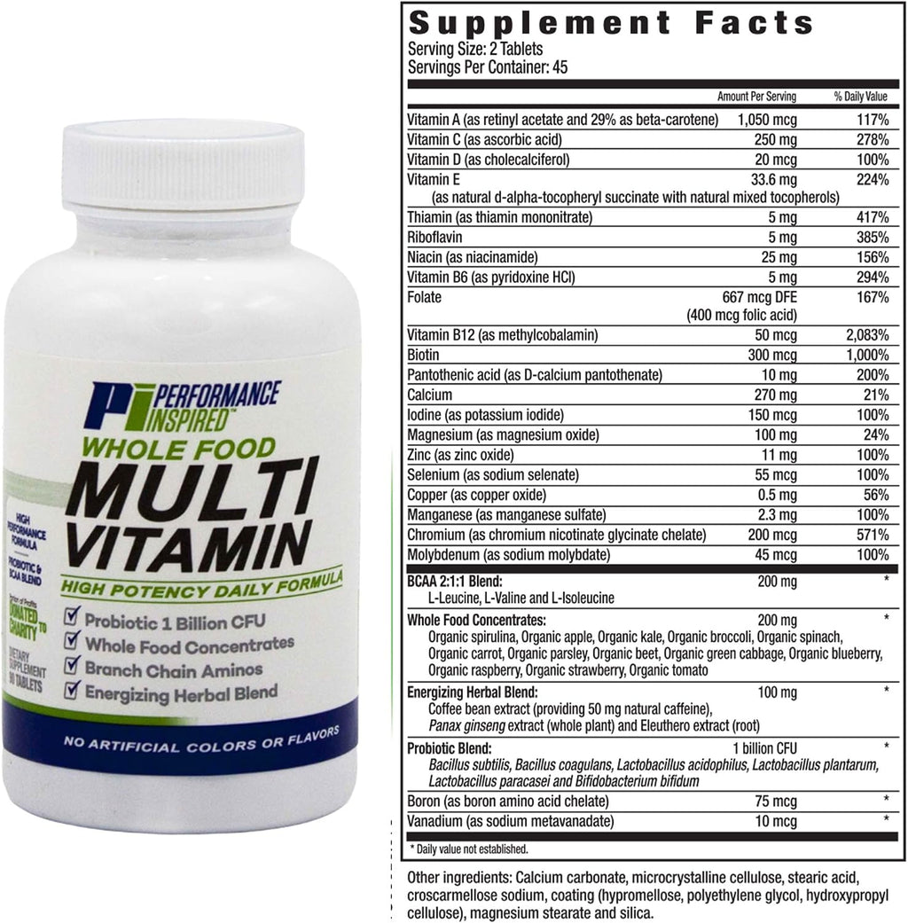 Performance Inspired Nutrition - Multivitamínico de Alimentos Integrales con Probióticos, BCAAs y Complejo Herbal - 90 Comprimidos