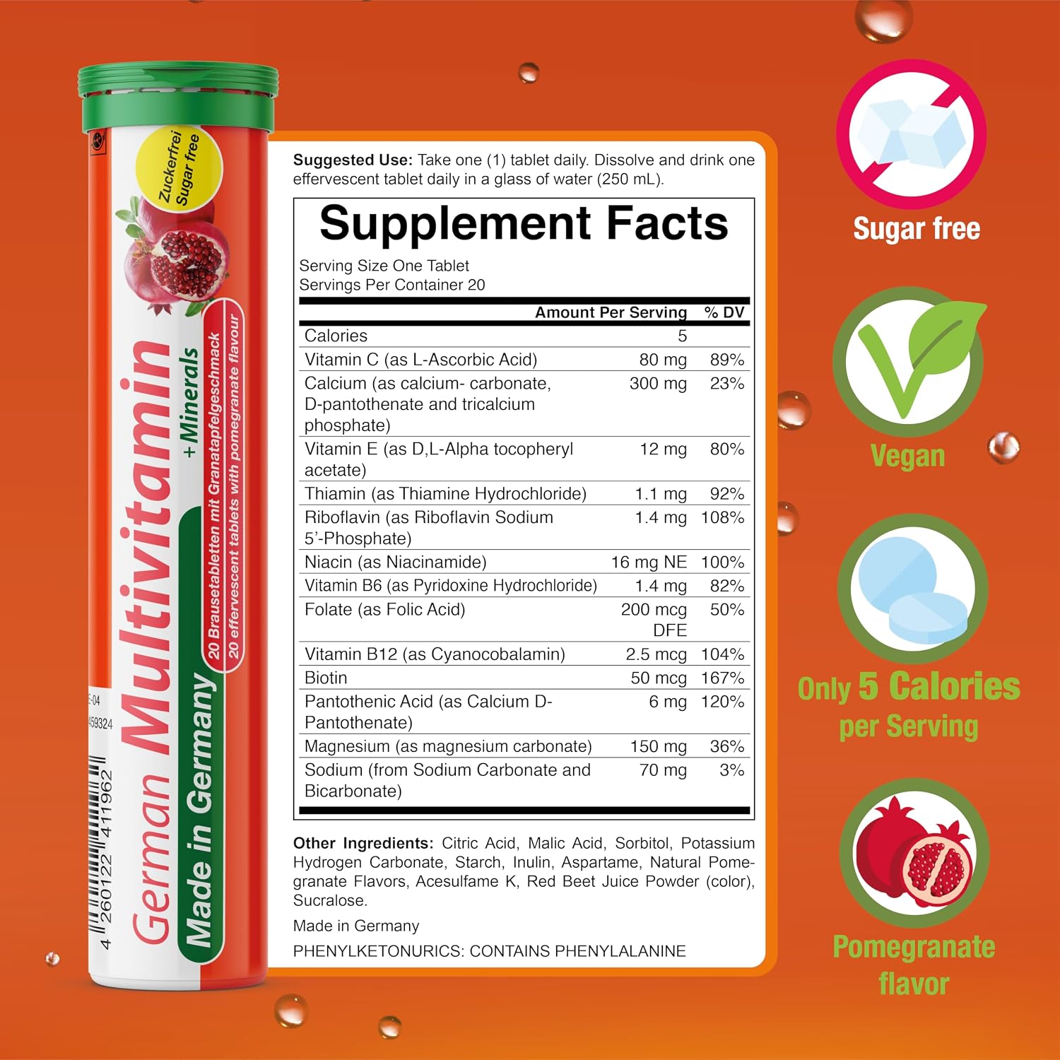T&D Multivitamínico + Minerales Alemán - 40 Comprimidos Efervescentes Veganos - Sabor Granada