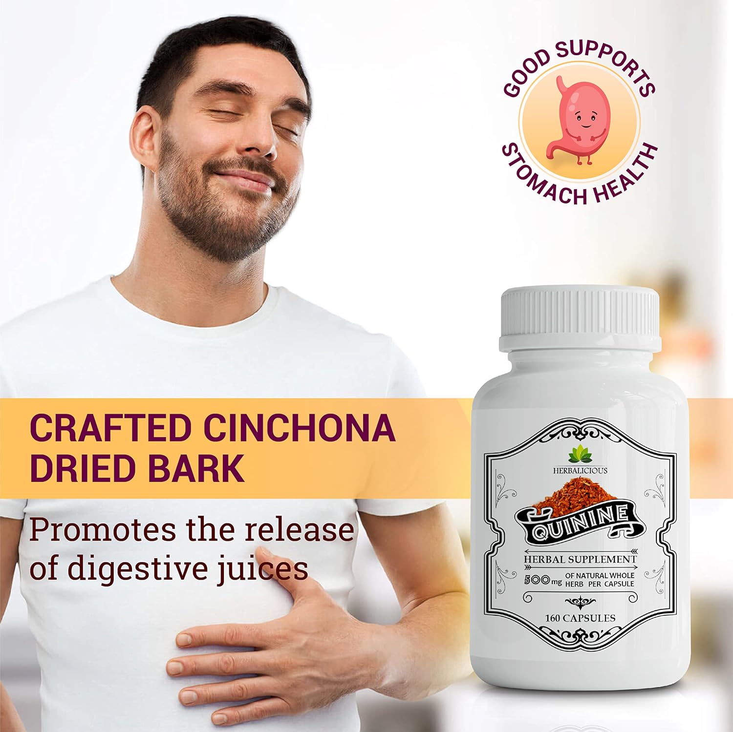 HERBALICIOUS Cápsulas de Quinina - Corteza de Cinchona Officinalis para Calambres Musculares y Salud Digestiva - 500 mg por Cápsula, 160 Cápsulas