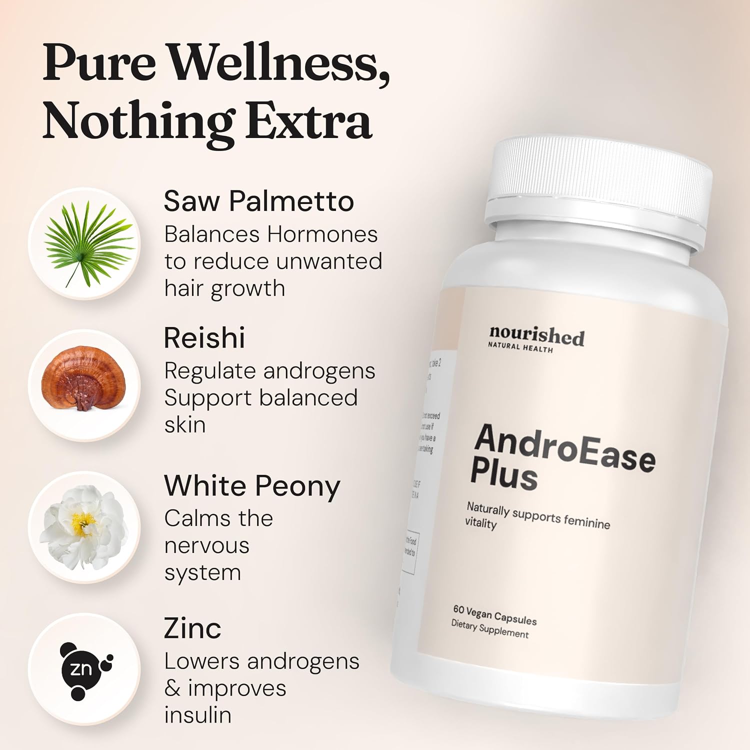 Nourished AndroEase Plus - Equilibrio Hormonal Vegano para Mujeres - Zinc, Reishi, Té Verde y Saw Palmetto - para Energía, Vitalidad y Bienestar Diario - 60 Cápsulas, Hecho en EE.UU.