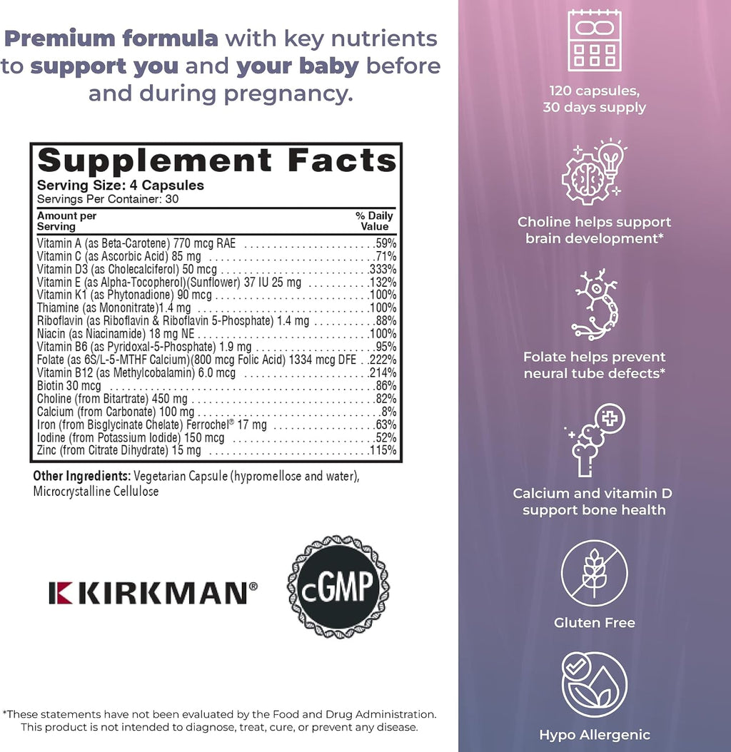 Kirkman P2i Prenatal – Multivitamínico con Colina, 120 Cápsulas