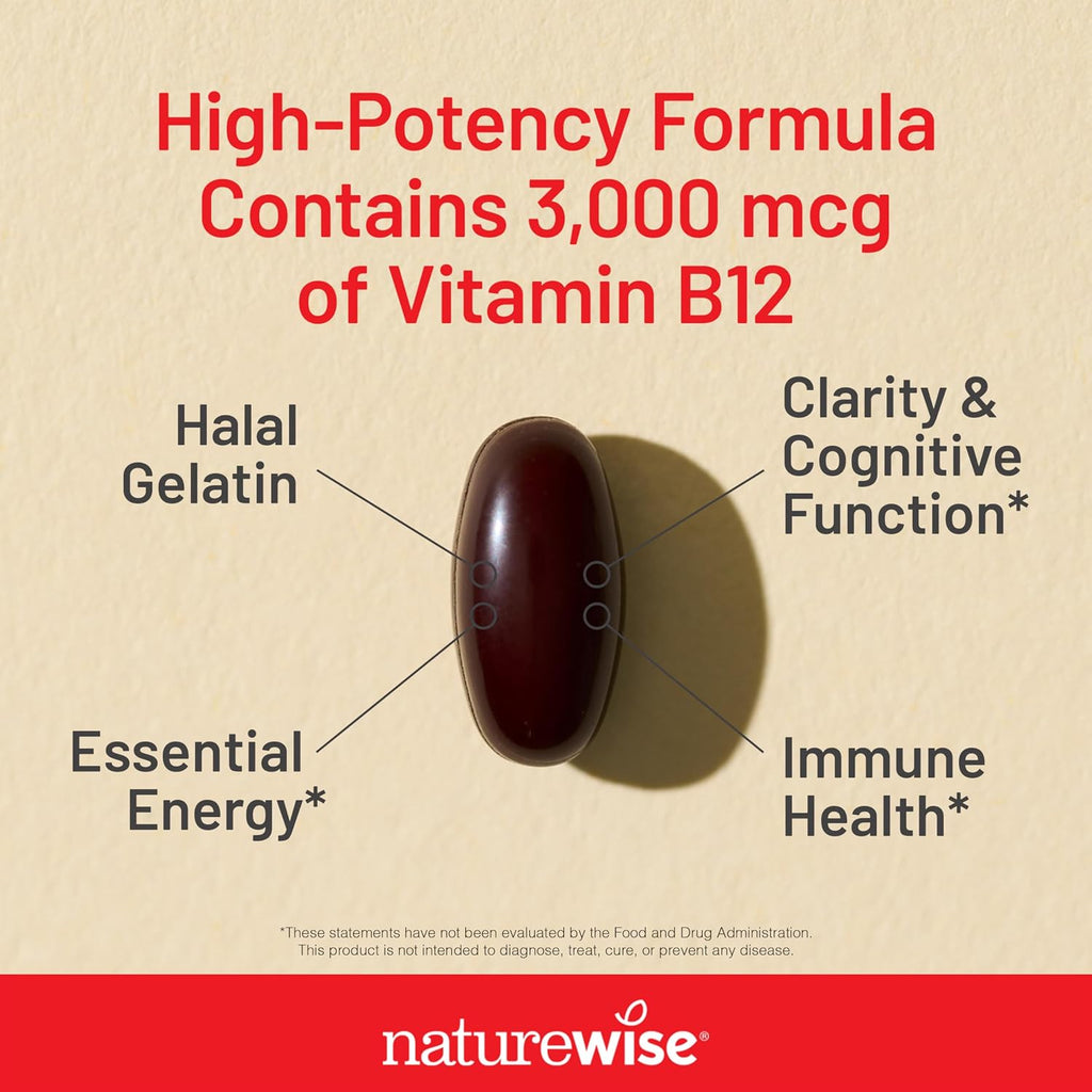 NatureWise Vitamina B12 3000 mcg - Complemento para Energía y Sistema Nervioso - 60 Cápsulas Blandas