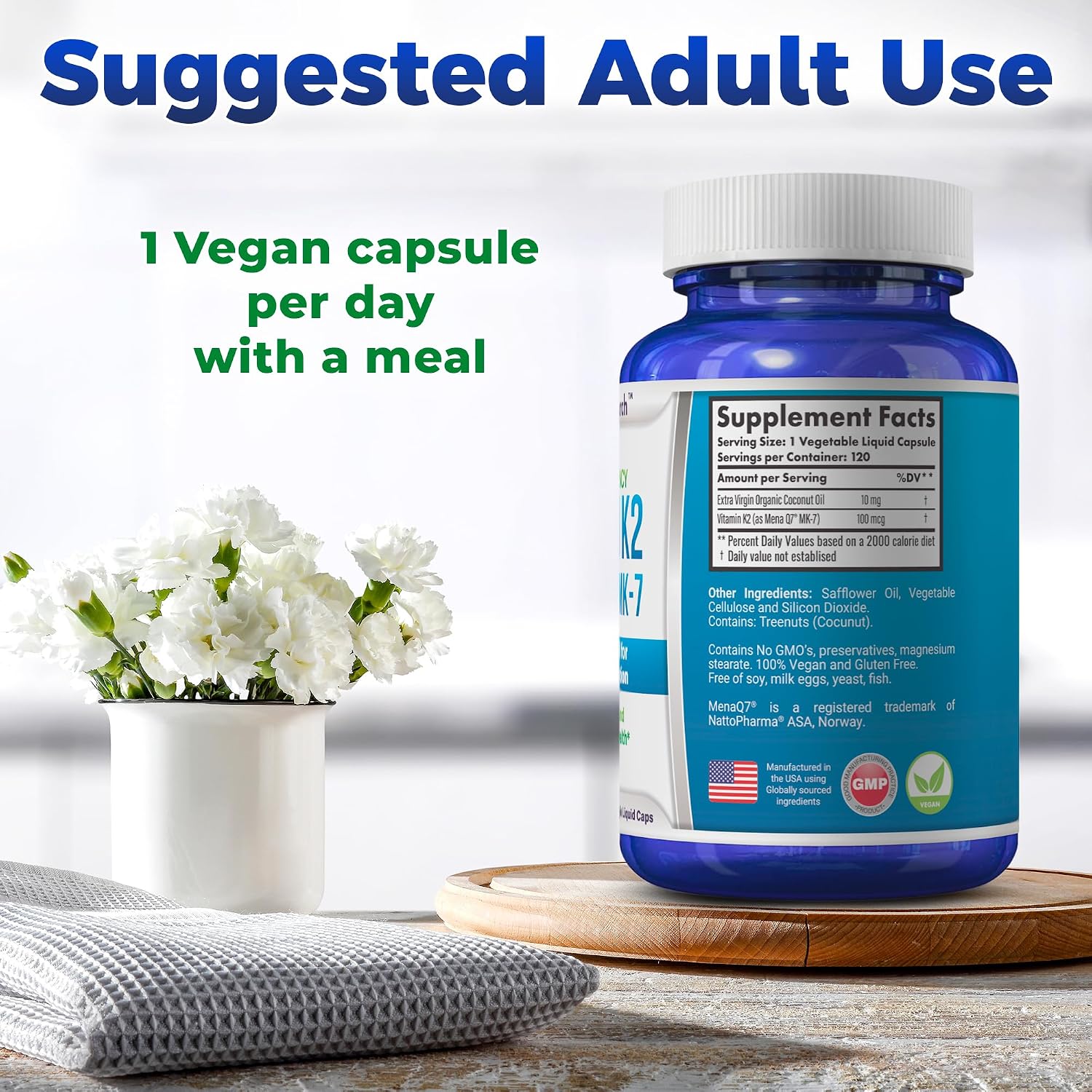 Vitamina K2 MK7 (MenaQ7) 100 mcg con Aceite de Coco - 120 Cápsulas Veganas