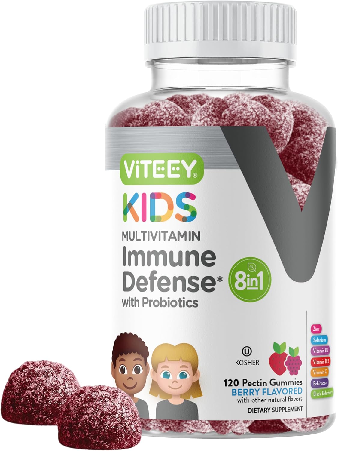 Viteey Gominolas Multivitamínicas para Niños con Probióticos - 60 Gominolas Sabor a Bayas