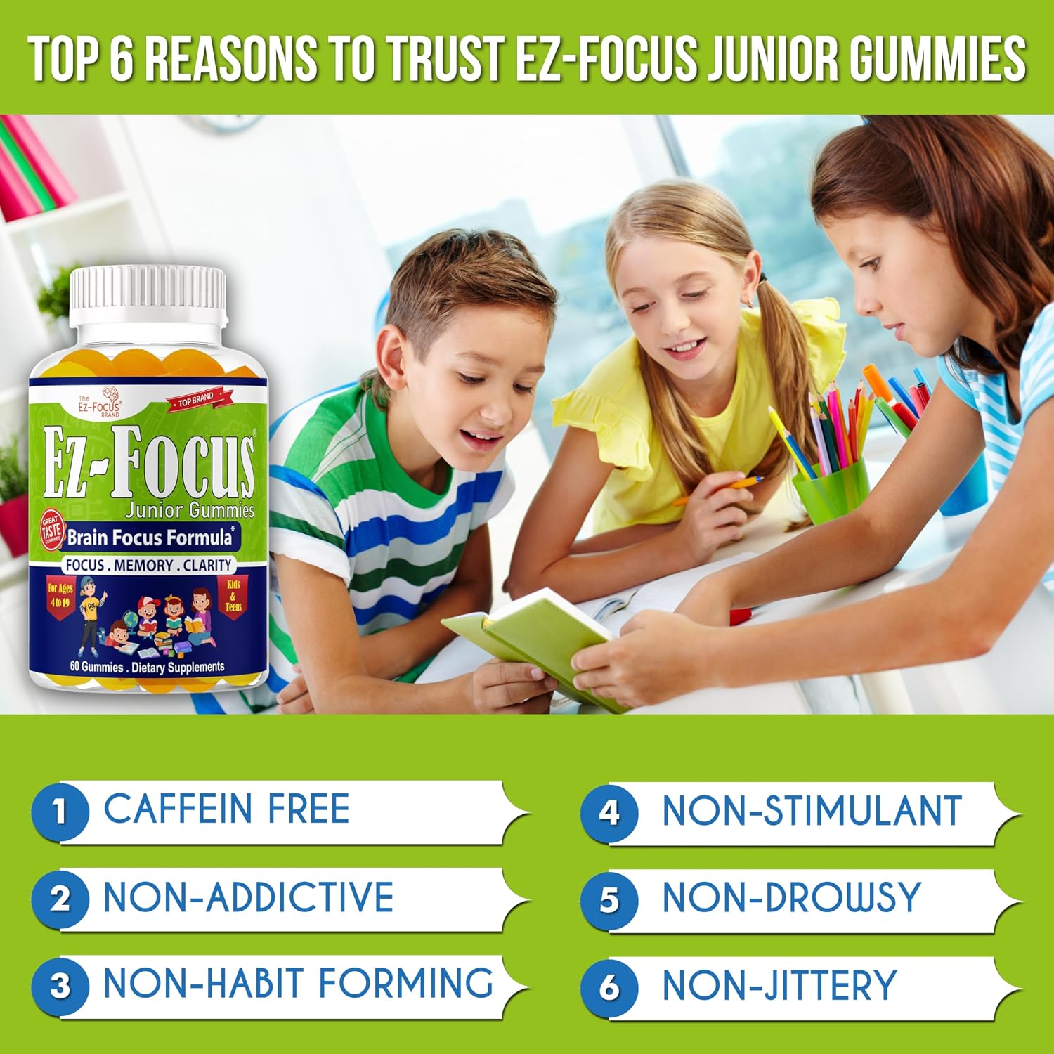Ez-Focus Junior Vitaminas Cerebrales y Suplementos de Memoria para Niños y Adolescentes, Gominolas Masticables, 60 unidades