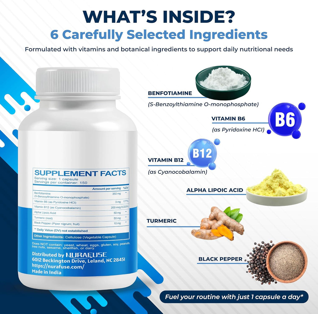 NURAFUSE Benfotiamina con Vitamina B6, B12, Ácido Alfa Lipoico, Cúrcuma - 150 Cápsulas