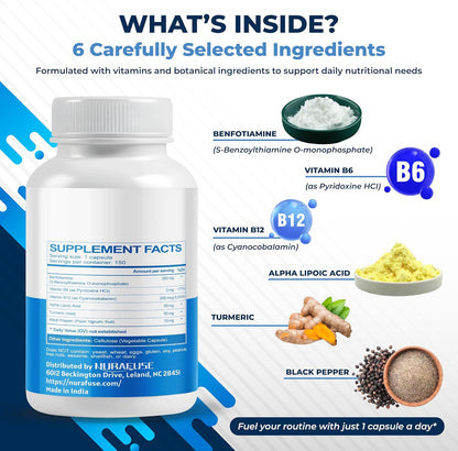 NURAFUSE Benfotiamina con Vitamina B6, B12, – Vitamina B12 (como metilcobalamina): Forma biodisponible que apoya – Image 3