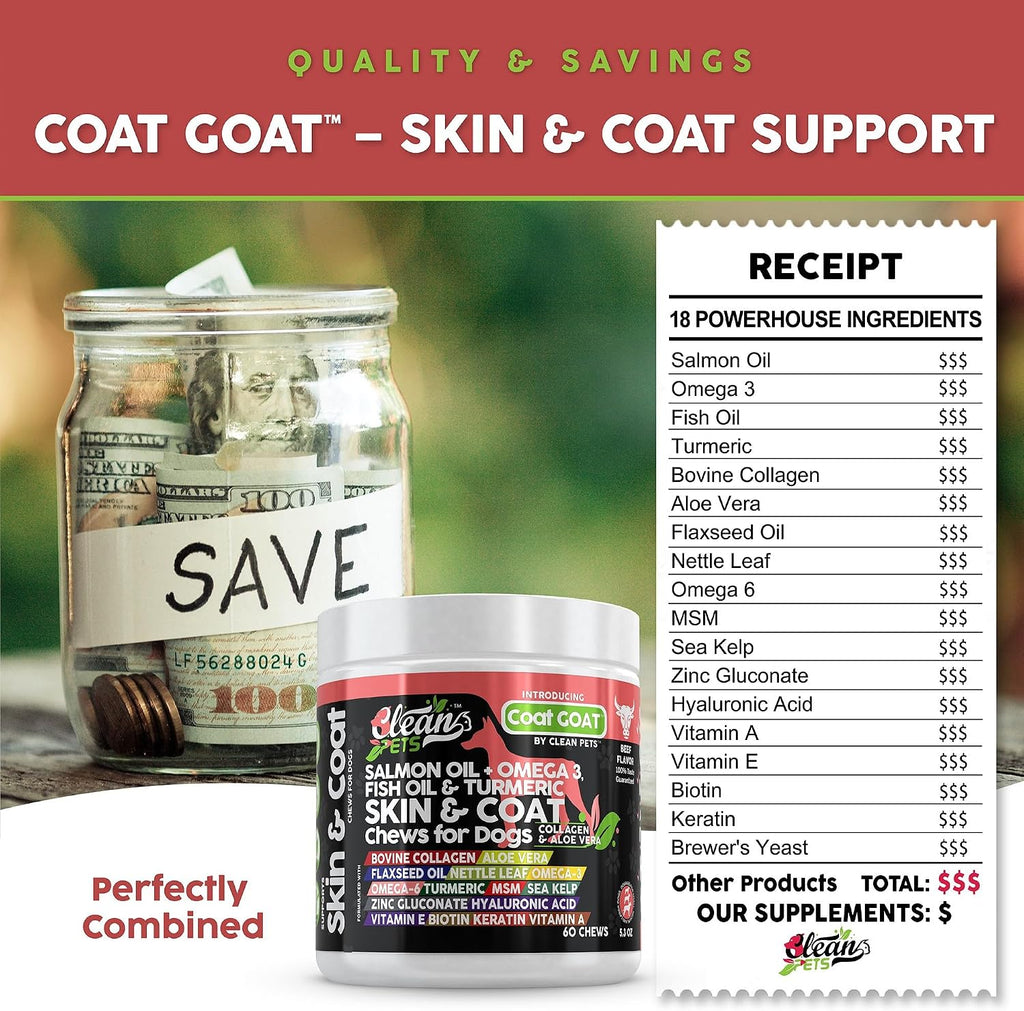 Clean Pets Aceite de Salmón Omega 3 para Perros con Colágeno, Aloe Vera, Biotina y Queratina - Suplemento para Piel y Pelaje