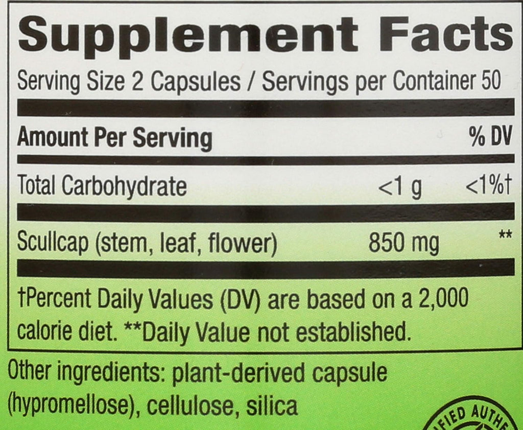 Nature's Way Escutelaria (Skullcap) - 850 mg por porción de 2 cápsulas - 100 cápsulas (50 porciones)